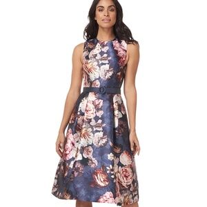 Kay Unger Dylan Navy Baroque Floral Tea Length Midi Dress